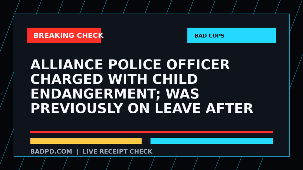 Symbolic editorial breaking-check graphic for Alliance police officer charged with child endangerment; was previously on leave after being charged with OVI, not a depiction of the event.