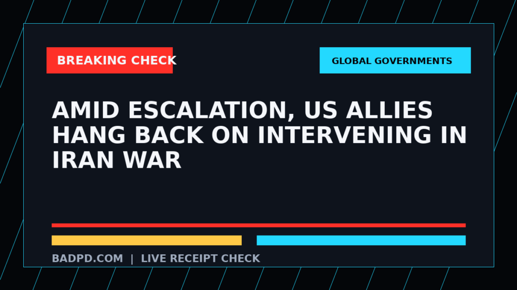 Symbolic editorial breaking-check graphic for Amid escalation, US allies hang back on intervening in Iran war, not a depiction of the event.