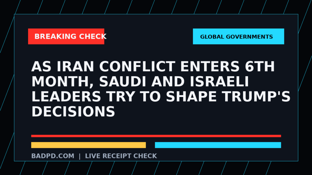 Symbolic editorial breaking-check graphic for As Iran conflict enters 6th month, Saudi and Israeli leaders try to shape Trump's decisions, not a depiction of the event.