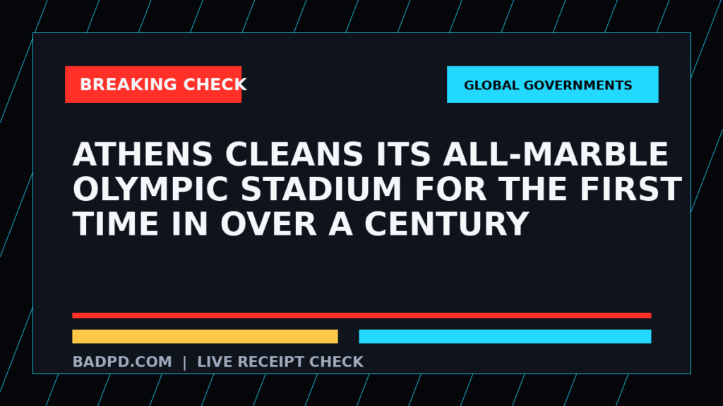 Symbolic editorial breaking-check graphic for Athens cleans its all-marble Olympic stadium for the first time in over a century, not a depiction of the event.