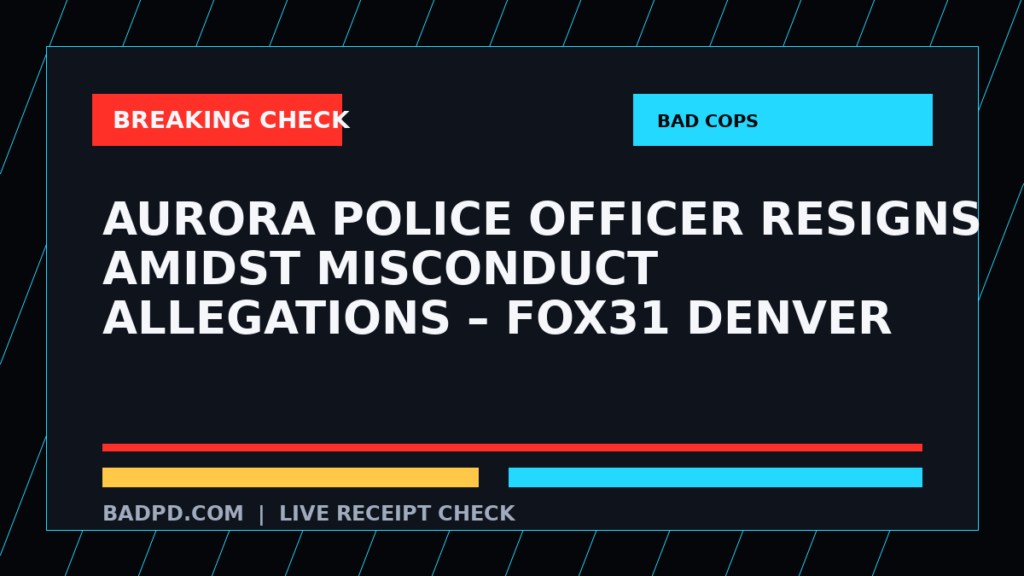 Symbolic editorial breaking-check graphic for Aurora police officer resigns amidst misconduct allegations – FOX31 Denver, not a depiction of the event.
