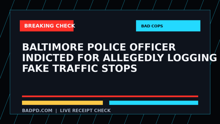 Symbolic editorial breaking-check graphic for Baltimore police officer indicted for allegedly logging fake traffic stops, not a depiction of the event.