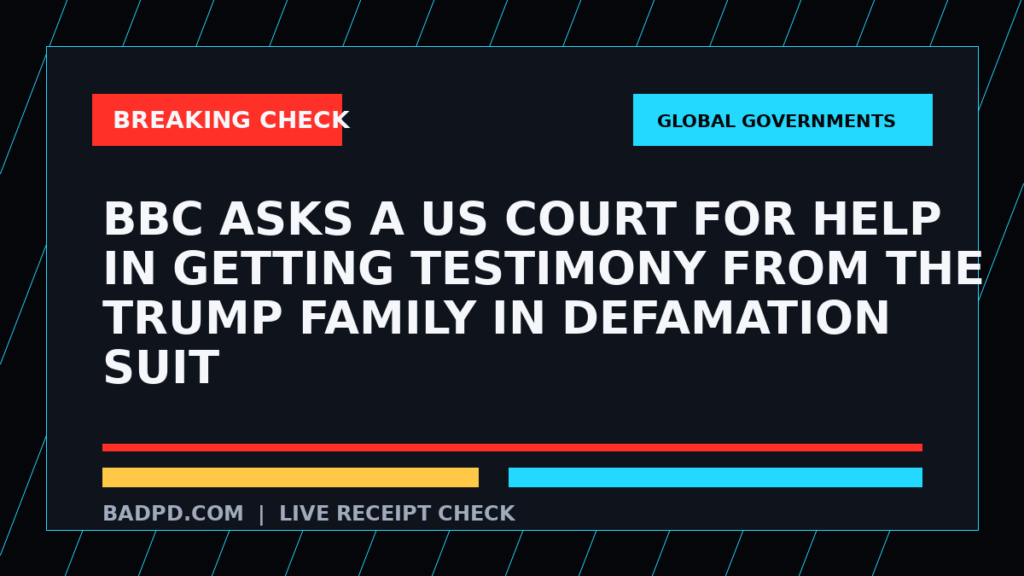 Symbolic editorial breaking-check graphic for BBC asks a US court for help in getting testimony from the Trump family in defamation suit, not a depiction of the event.