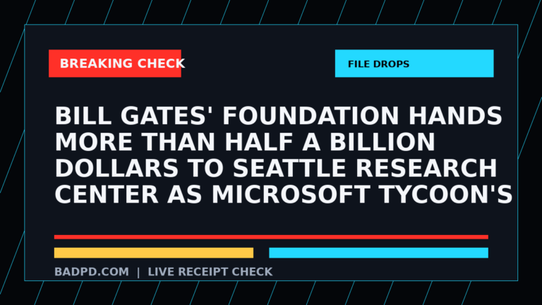 Symbolic editorial breaking-check graphic for Bill Gates' foundation hands more than half a BILLION dollars to Seattle research center as Microsoft tycoon's Jeffrey Epstein links come under continued scrutiny, not a depiction of the event.