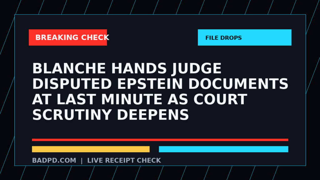 Symbolic editorial breaking-check graphic for Blanche Hands Judge Disputed Epstein Documents at Last Minute as Court Scrutiny Deepens, not a depiction of the event.