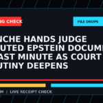 Symbolic editorial breaking-check graphic for Blanche Hands Judge Disputed Epstein Documents at Last Minute as Court Scrutiny Deepens, not a depiction of the event.