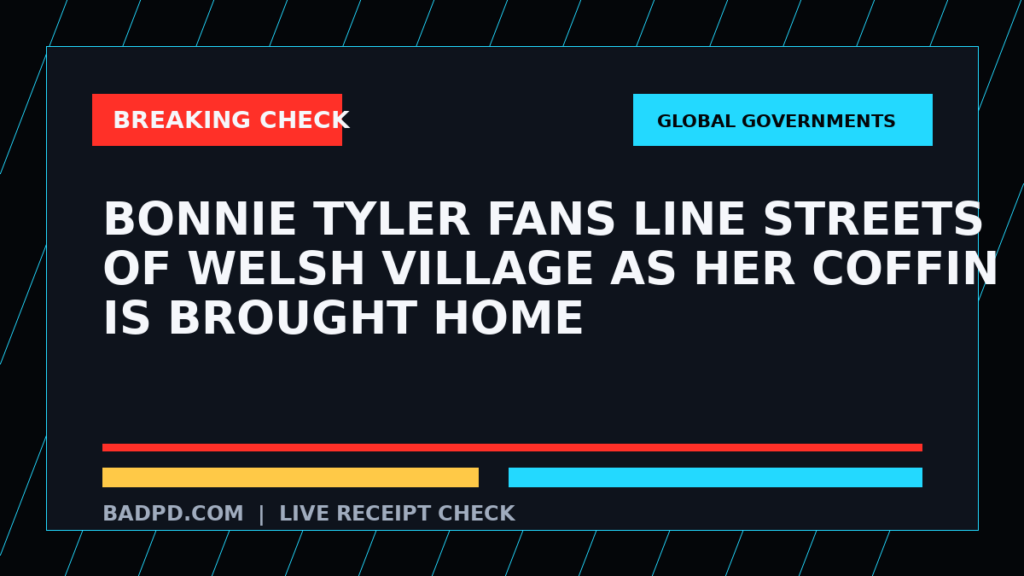 Symbolic editorial breaking-check graphic for Bonnie Tyler fans line streets of Welsh village as her coffin is brought home, not a depiction of the event.
