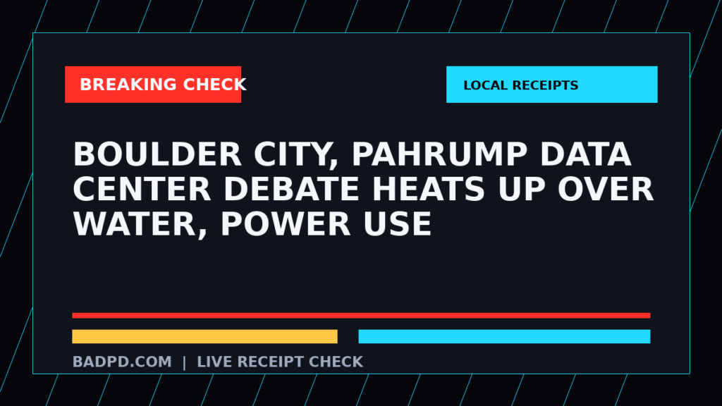 Symbolic editorial breaking-check graphic for Boulder City, Pahrump data center debate heats up over water, power use, not a depiction of the event.
