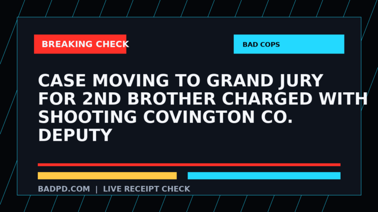 Symbolic editorial breaking-check graphic for Case moving to grand jury for 2nd brother charged with shooting Covington Co. deputy, not a depiction of the event.