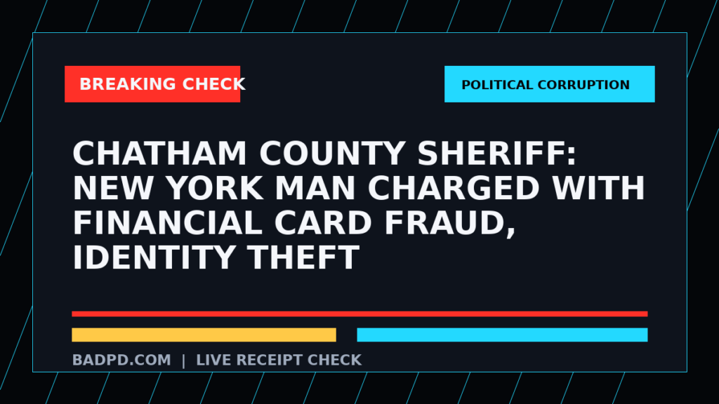 Symbolic editorial breaking-check graphic for Chatham County Sheriff: New York Man Charged with Financial Card Fraud, Identity Theft, not a depiction of the event.
