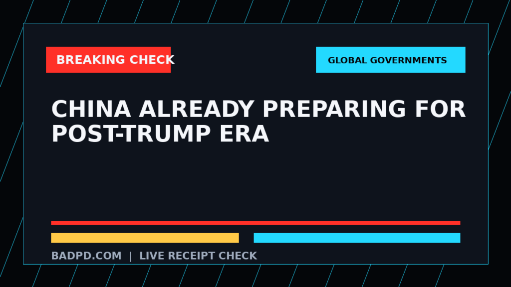 Symbolic editorial breaking-check graphic for China already preparing for post-Trump era, not a depiction of the event.