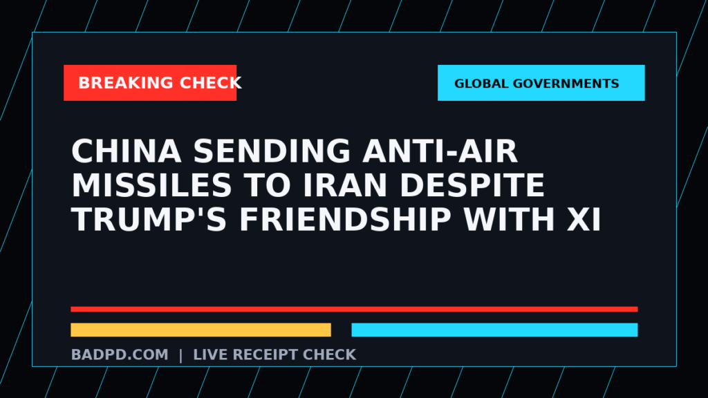 Symbolic editorial breaking-check graphic for China sending anti-air missiles to Iran despite Trump's friendship with Xi, not a depiction of the event.