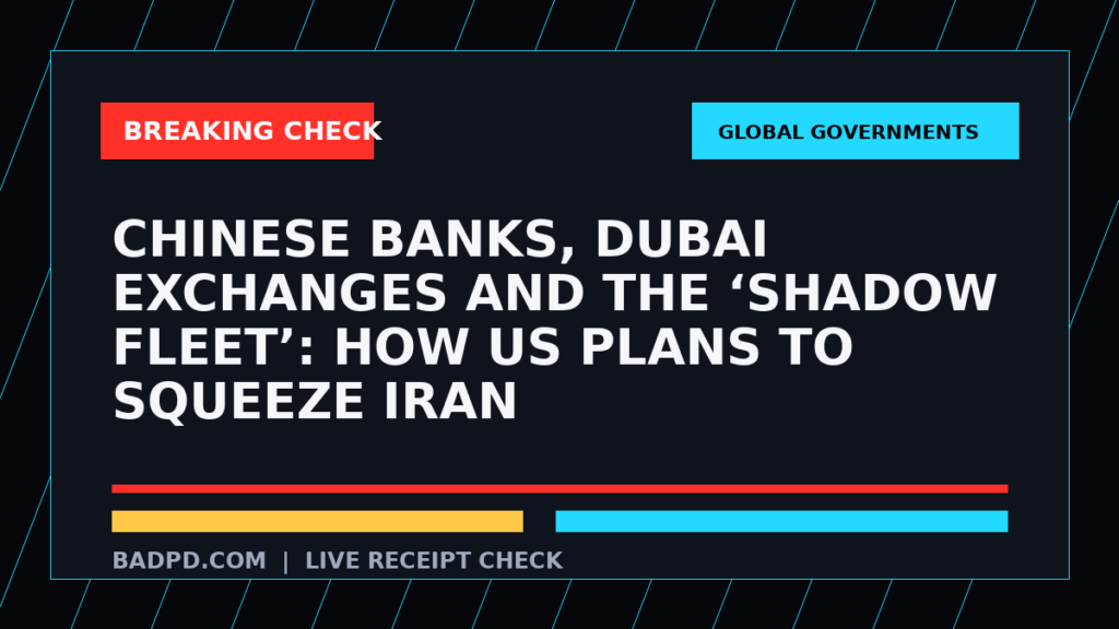 Symbolic editorial breaking-check graphic for Chinese banks, Dubai exchanges and the ‘shadow fleet’: How US plans to squeeze Iran, not a depiction of the event.
