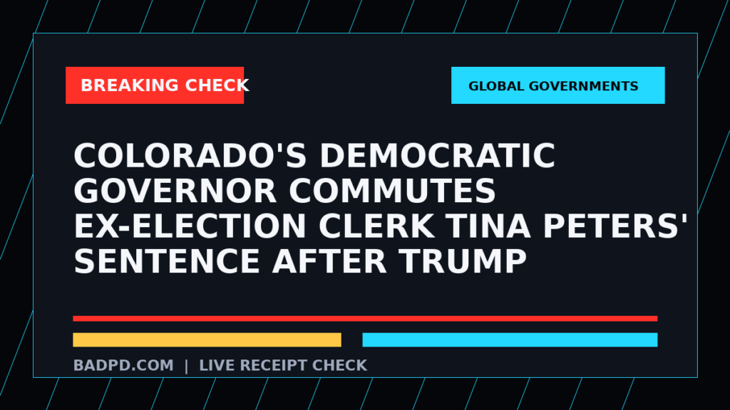 Symbolic editorial breaking-check graphic for Colorado's Democratic governor commutes ex-election clerk Tina Peters' sentence after Trump pressure, not a depiction of the event.