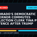Symbolic editorial breaking-check graphic for Colorado's Democratic governor commutes ex-election clerk Tina Peters' sentence after Trump pressure, not a depiction of the event.