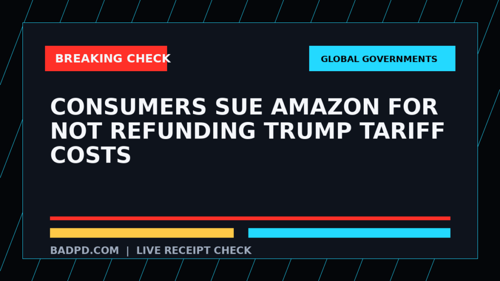 Symbolic editorial breaking-check graphic for Consumers sue Amazon for not refunding Trump tariff costs, not a depiction of the event.