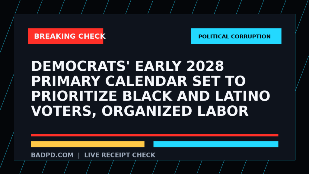 Symbolic editorial breaking-check graphic for Democrats' early 2028 primary calendar set to prioritize Black and Latino voters, organized labor, not a depiction of the event.