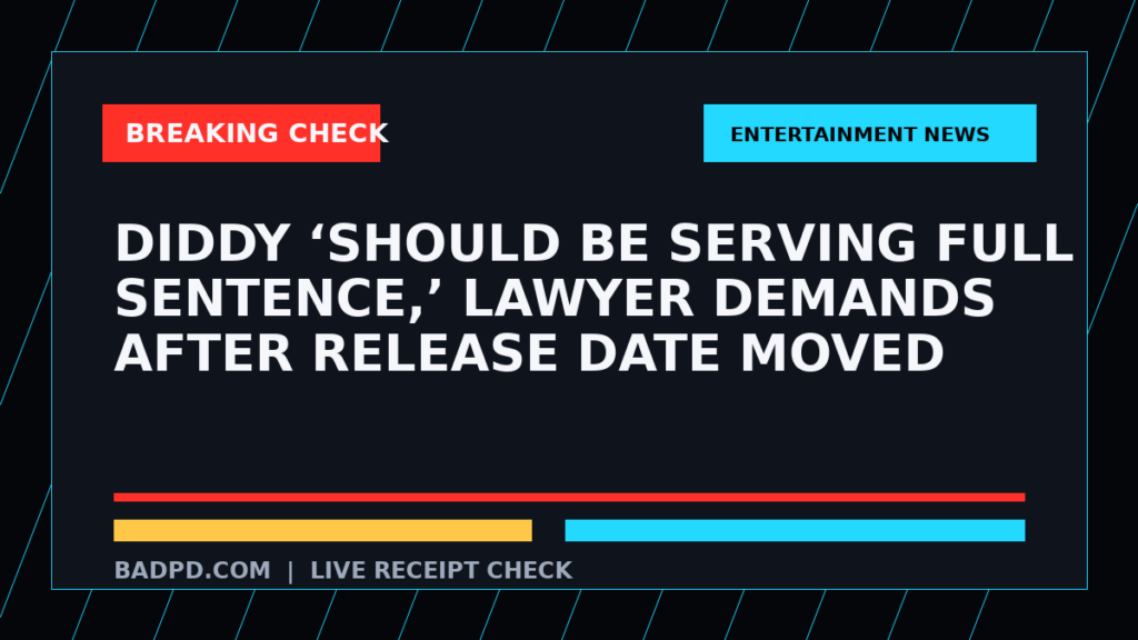 Symbolic editorial breaking-check graphic for Diddy ‘should be serving full sentence,’ lawyer demands after release date moved, not a depiction of the event.