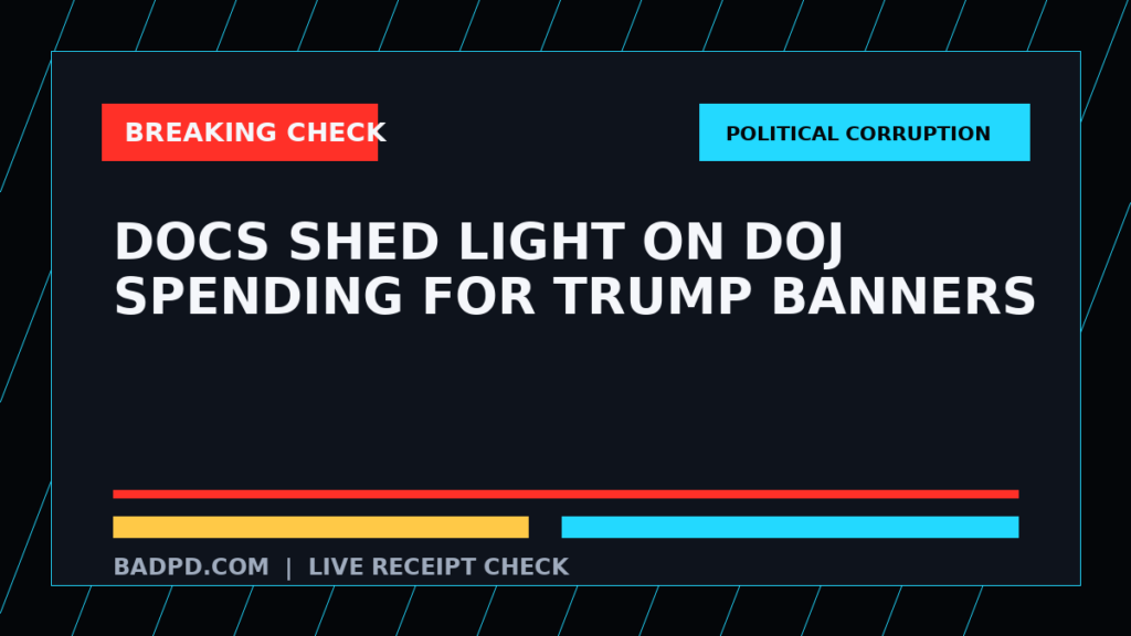 Symbolic editorial breaking-check graphic for Docs shed light on DOJ spending for Trump banners, not a depiction of the event.
