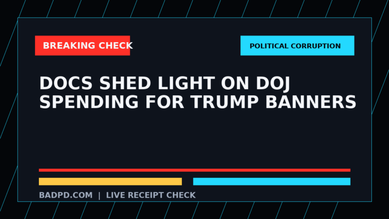 Symbolic editorial breaking-check graphic for Docs shed light on DOJ spending for Trump banners, not a depiction of the event.