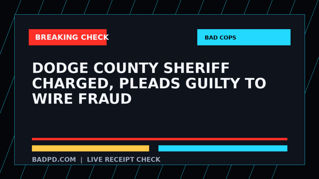 Symbolic editorial breaking-check graphic for Dodge County Sheriff Charged, Pleads Guilty to Wire Fraud, not a depiction of the event.