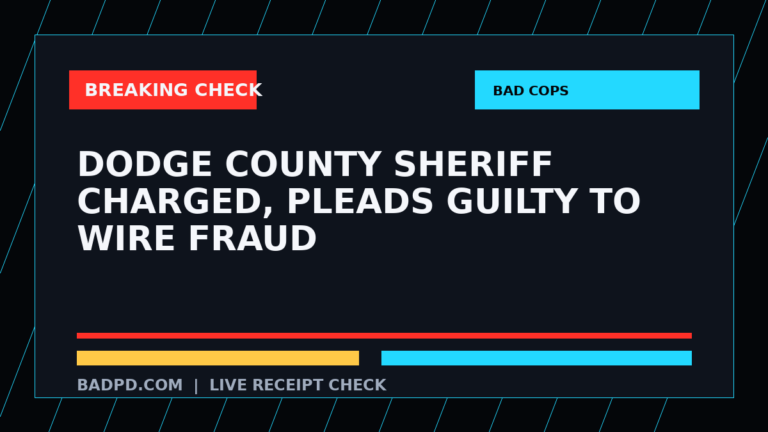 Symbolic editorial breaking-check graphic for Dodge County Sheriff Charged, Pleads Guilty to Wire Fraud, not a depiction of the event.