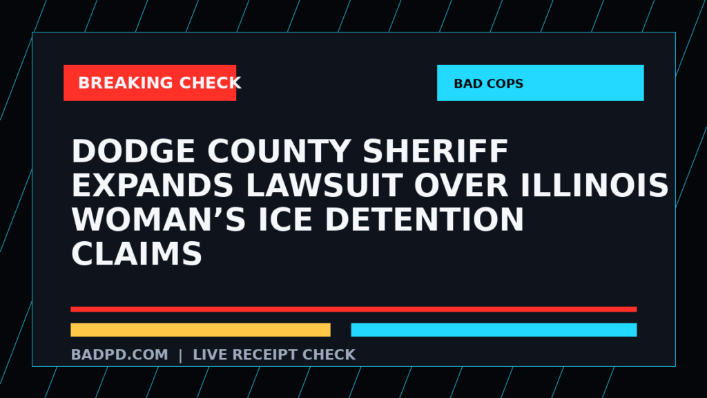 Symbolic editorial breaking-check graphic for Dodge County sheriff expands lawsuit over Illinois woman’s ICE detention claims, not a depiction of the event.