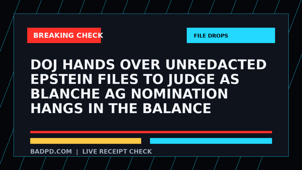 Symbolic editorial breaking-check graphic for DOJ hands over unredacted Epstein files to judge as Blanche AG nomination hangs in the balance, not a depiction of the event.