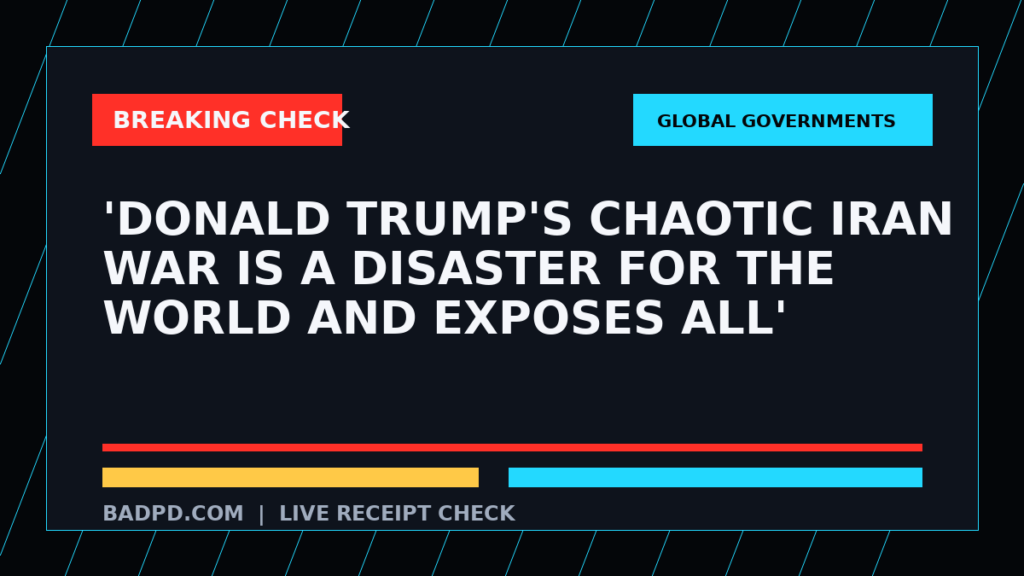 Symbolic editorial breaking-check graphic for 'Donald Trump's chaotic Iran war is a disaster for the world and exposes all', not a depiction of the event.