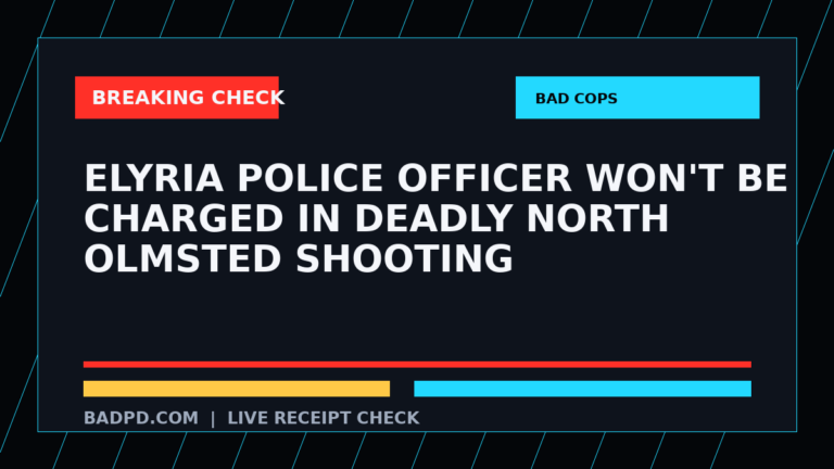 Symbolic editorial breaking-check graphic for Elyria police officer won't be charged in deadly North Olmsted shooting, not a depiction of the event.