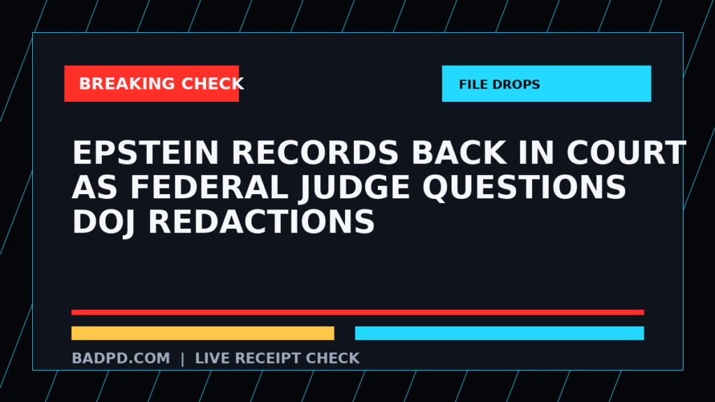 Symbolic editorial breaking-check graphic for Epstein records back in court as federal judge questions DOJ redactions, not a depiction of the event.