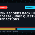 Symbolic editorial breaking-check graphic for Epstein records back in court as federal judge questions DOJ redactions, not a depiction of the event.