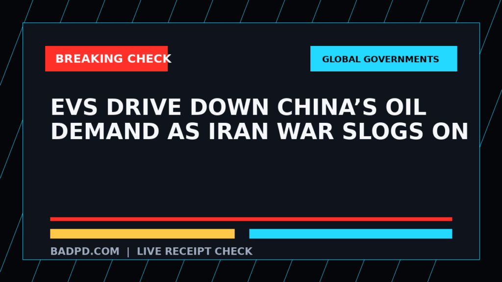 Symbolic editorial breaking-check graphic for EVs drive down China’s oil demand as Iran war slogs on, not a depiction of the event.