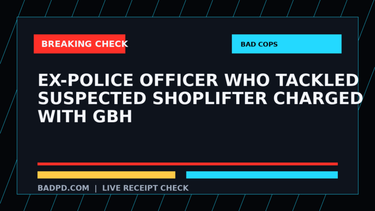 Symbolic editorial breaking-check graphic for Ex-police officer who tackled suspected shoplifter charged with GBH, not a depiction of the event.