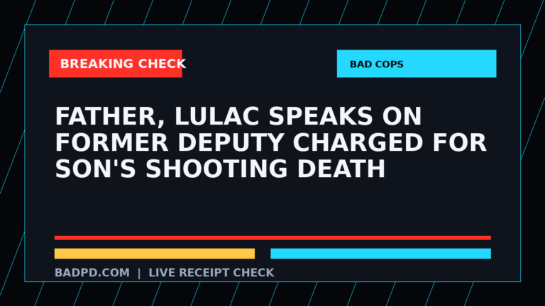 Symbolic editorial breaking-check graphic for Father, LULAC speaks on former deputy charged for son's shooting death, not a depiction of the event.