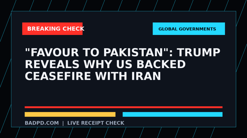 Symbolic editorial breaking-check graphic for "Favour To Pakistan": Trump Reveals Why US Backed Ceasefire With Iran, not a depiction of the event.