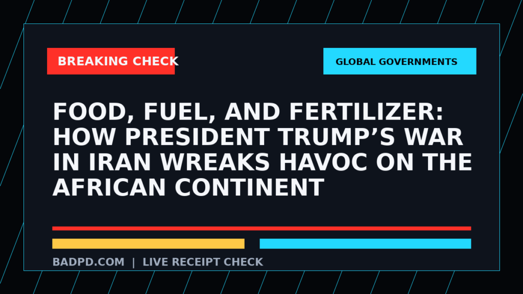 Symbolic editorial breaking-check graphic for Food, Fuel, and Fertilizer: How President Trump’s War in Iran Wreaks Havoc on the African Continent, not a depiction of the event.