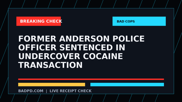 Symbolic editorial breaking-check graphic for Former Anderson police officer sentenced in undercover cocaine transaction, not a depiction of the event.