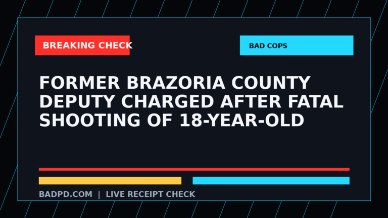 Symbolic editorial breaking-check graphic for Former Brazoria County deputy charged after fatal shooting of 18-year-old, not a depiction of the event.