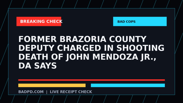 Symbolic editorial breaking-check graphic for Former Brazoria County deputy charged in shooting death of John Mendoza Jr., DA says, not a depiction of the event.