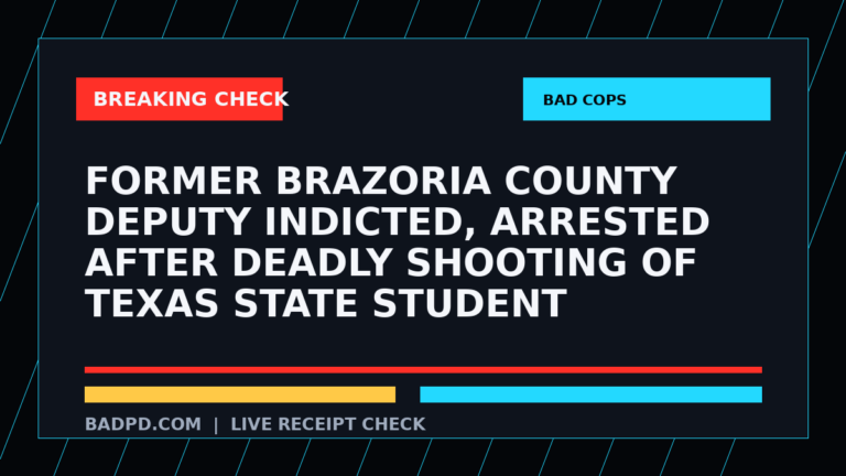 Symbolic editorial breaking-check graphic for Former Brazoria County deputy indicted, arrested after deadly shooting of Texas State student, not a depiction of the event.