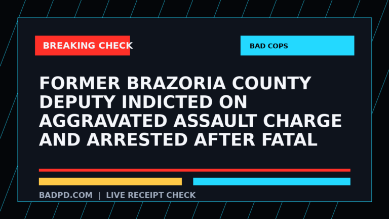 Symbolic editorial breaking-check graphic for Former Brazoria County deputy indicted on aggravated assault charge and arrested after fatal shooting involving 18-year-old, not a depiction of the event.