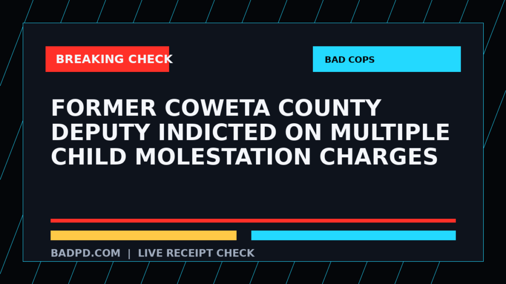 Symbolic editorial breaking-check graphic for Former Coweta County deputy indicted on multiple child molestation charges, not a depiction of the event.