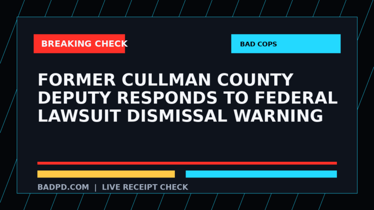 Symbolic editorial breaking-check graphic for Former Cullman County Deputy Responds to Federal Lawsuit Dismissal Warning, not a depiction of the event.