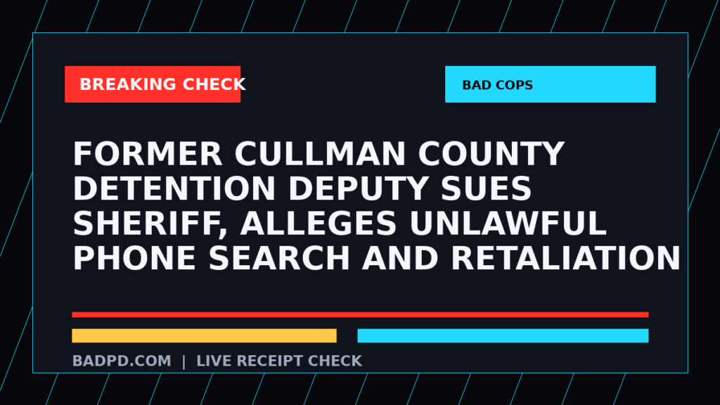 Symbolic editorial breaking-check graphic for Former Cullman County detention deputy sues sheriff, alleges unlawful phone search and retaliation, not a depiction of the event.