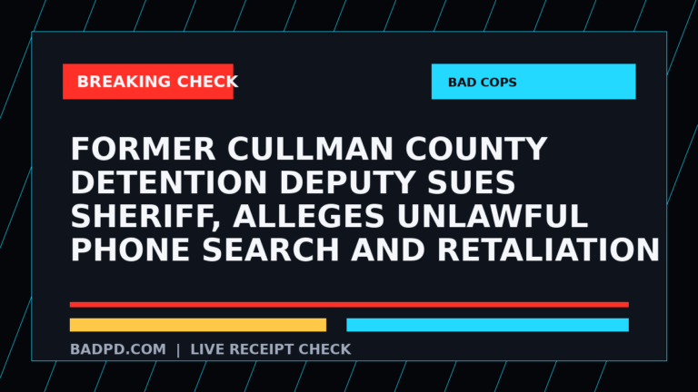 Symbolic editorial breaking-check graphic for Former Cullman County detention deputy sues sheriff, alleges unlawful phone search and retaliation, not a depiction of the event.