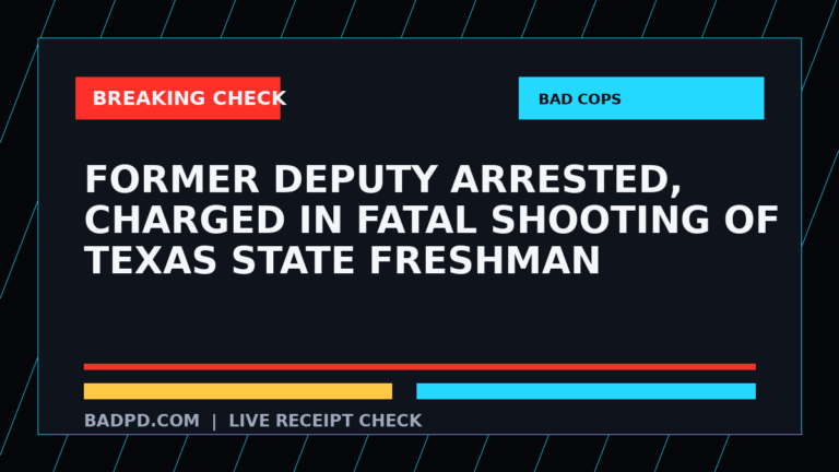 Symbolic editorial breaking-check graphic for Former deputy arrested, charged in fatal shooting of Texas State freshman, not a depiction of the event.