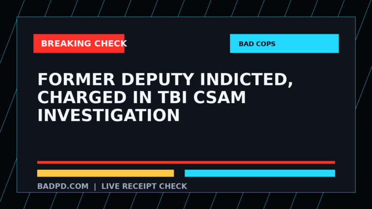 Symbolic editorial breaking-check graphic for Former Deputy Indicted, Charged in TBI CSAM Investigation, not a depiction of the event.
