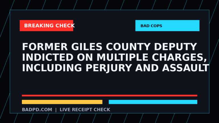 Symbolic editorial breaking-check graphic for Former Giles County deputy indicted on multiple charges, including perjury and assault, not a depiction of the event.