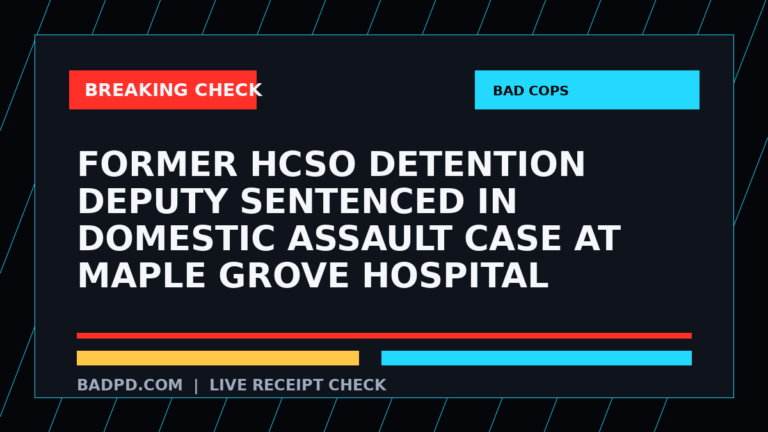 Symbolic editorial breaking-check graphic for Former HCSO Detention Deputy sentenced in domestic assault case at Maple Grove hospital, not a depiction of the event.